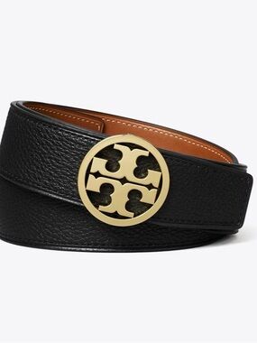 Tory Burch Black Pebbled Leather Belt with Gold Logo Buckle